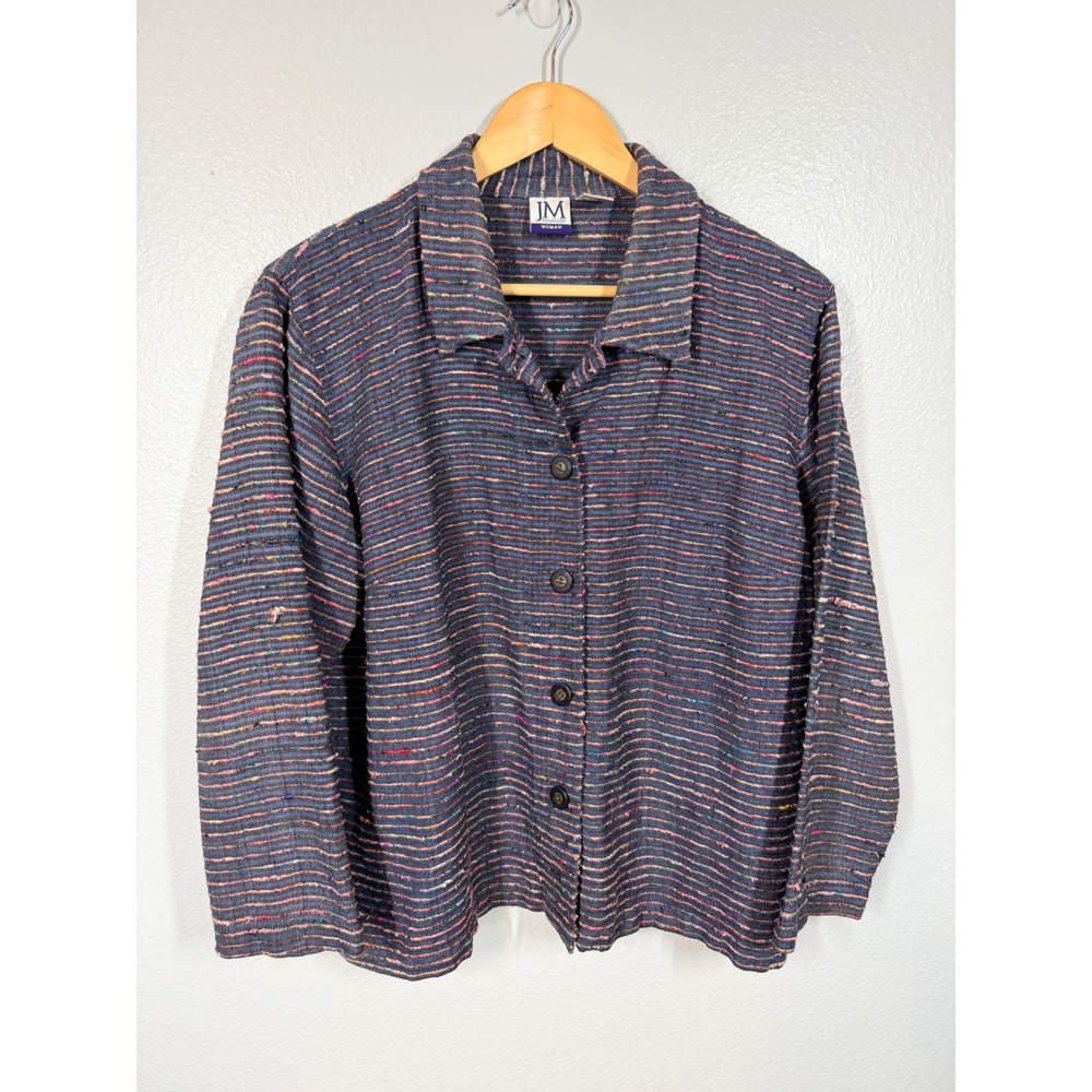 Lagenlook Women's Jacket 1X Blue Striped Silk Blend Textured Long Sleeve Buttons